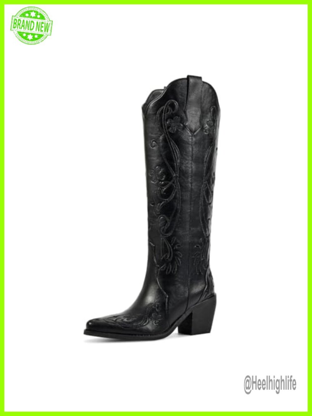 Knee High Western Cowboy Boots Faux Leather Pointed Toe Block Heel